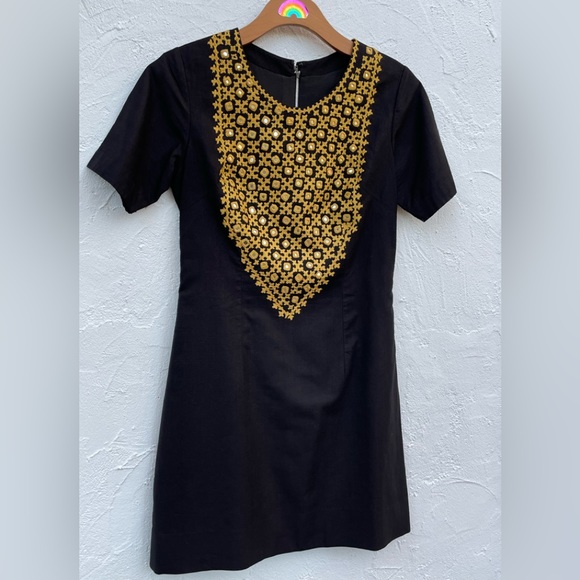 Vintage 60’s Boho Embroidery & Mirrored Discs Black Dress Size Small - Picture 4 of 9